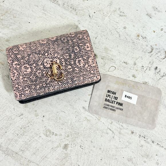 Jimmy Choo Myah Ballet Pink Lizard Print Leather Bi-fold Wallet With Jc Logo - Picture 3 of 11